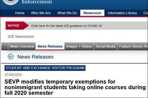 美国留学新规惹争议:国际学生只上网课不能入境